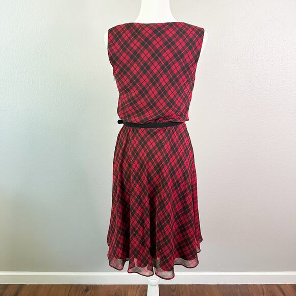 Lauren Ralph Lauren Red Black Plaid Sleeveless Surplice Belted Dress - Size 6 - Picture 4 of 10
